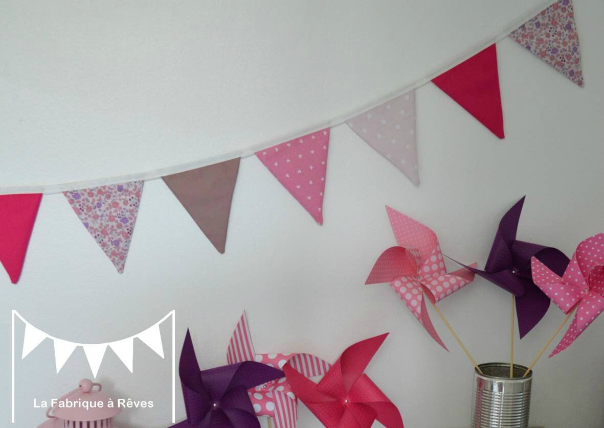 Guirlande fanions rose violet mauve décoration chambre enfant bébé ...
