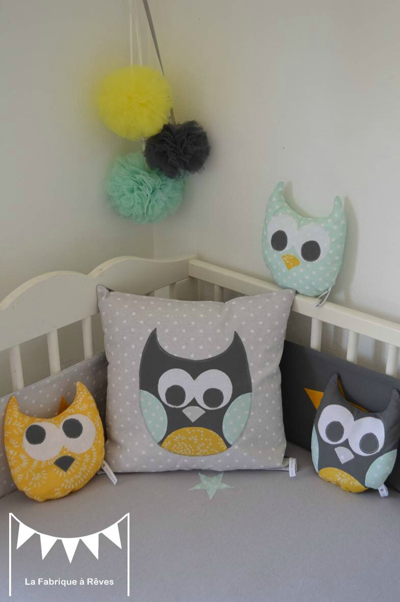 Coussin hibou chouette étoiles jaune gris vert amande vert eau ...