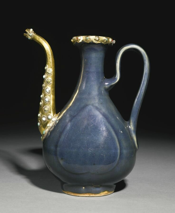 A rare Chinese monochrome blue porcelain ewer with Ottoman