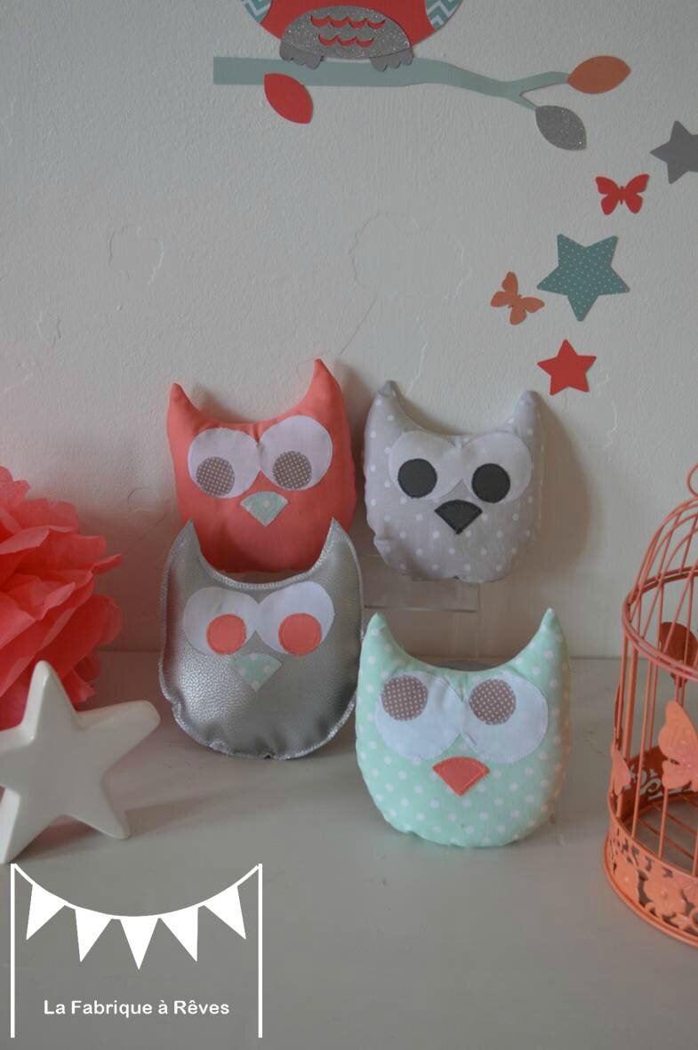 Coussin bébé hibou chouette étoiles corail vert d'eau argent gris ...