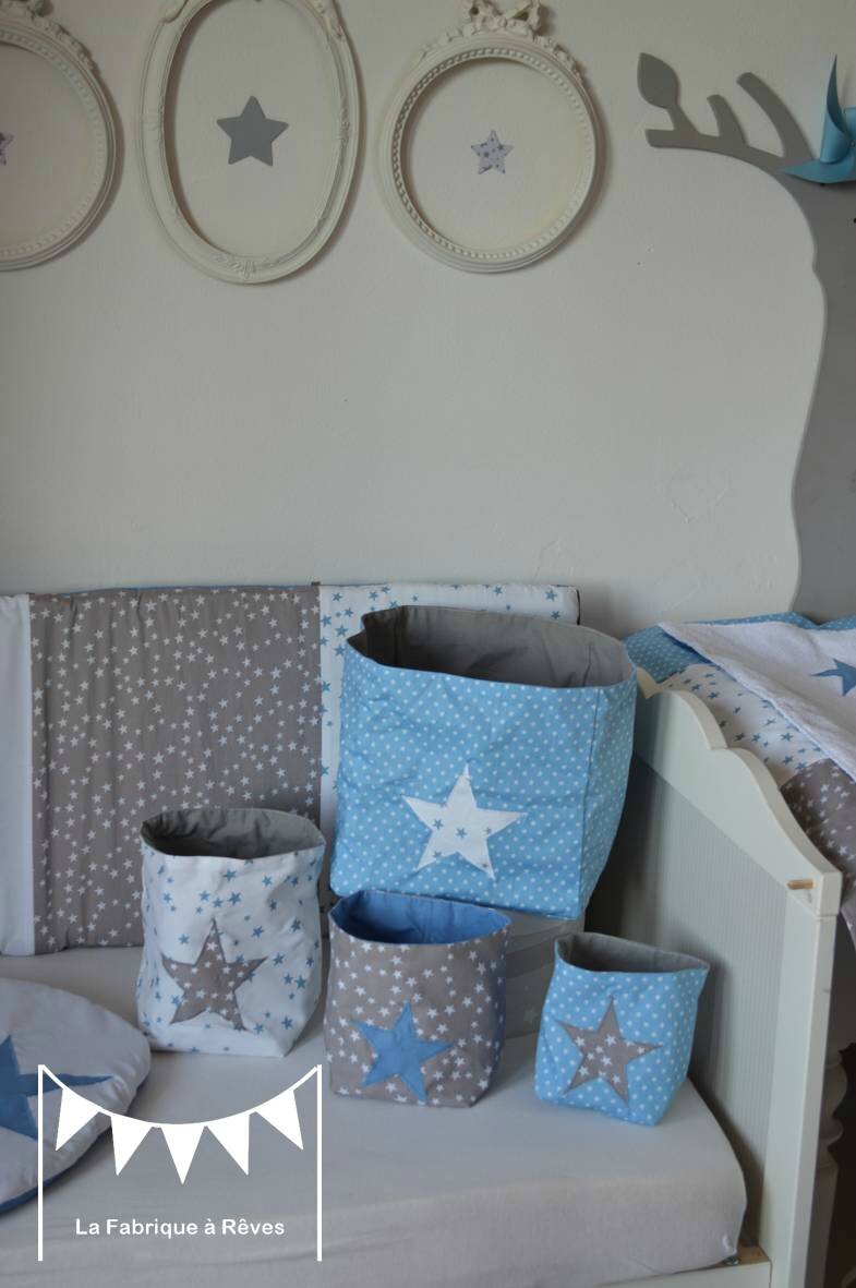 Pochons rangement réversibles chambre bébé garçon bleu gris blanc ...