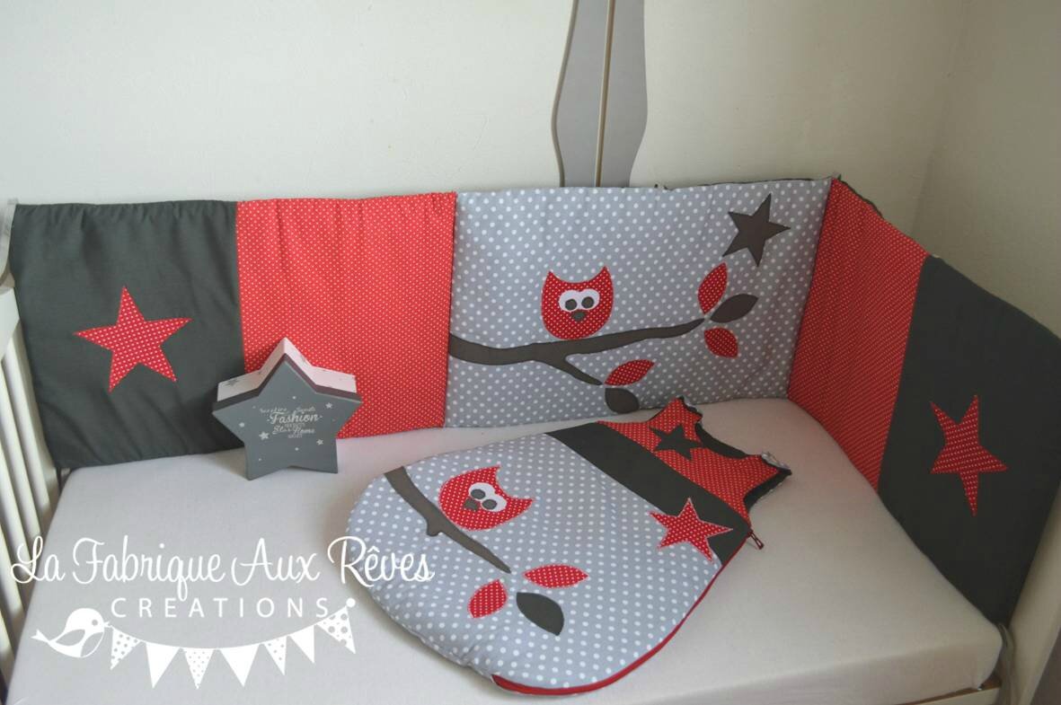 Linge lit tour lit gigoteuse turbulette bébé hibou étoiles rouge ...