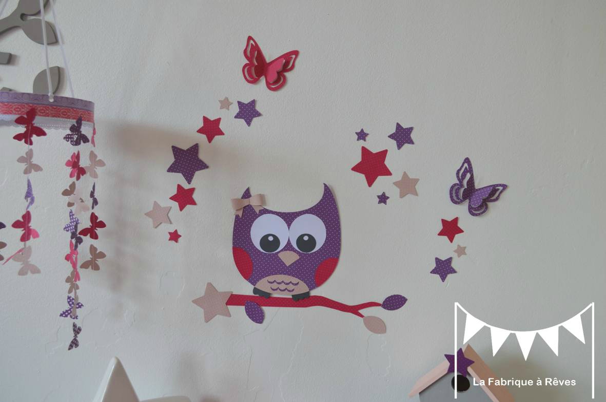 Stickers hibou chouette étoiles papillon fille rose fuchsia violet ...