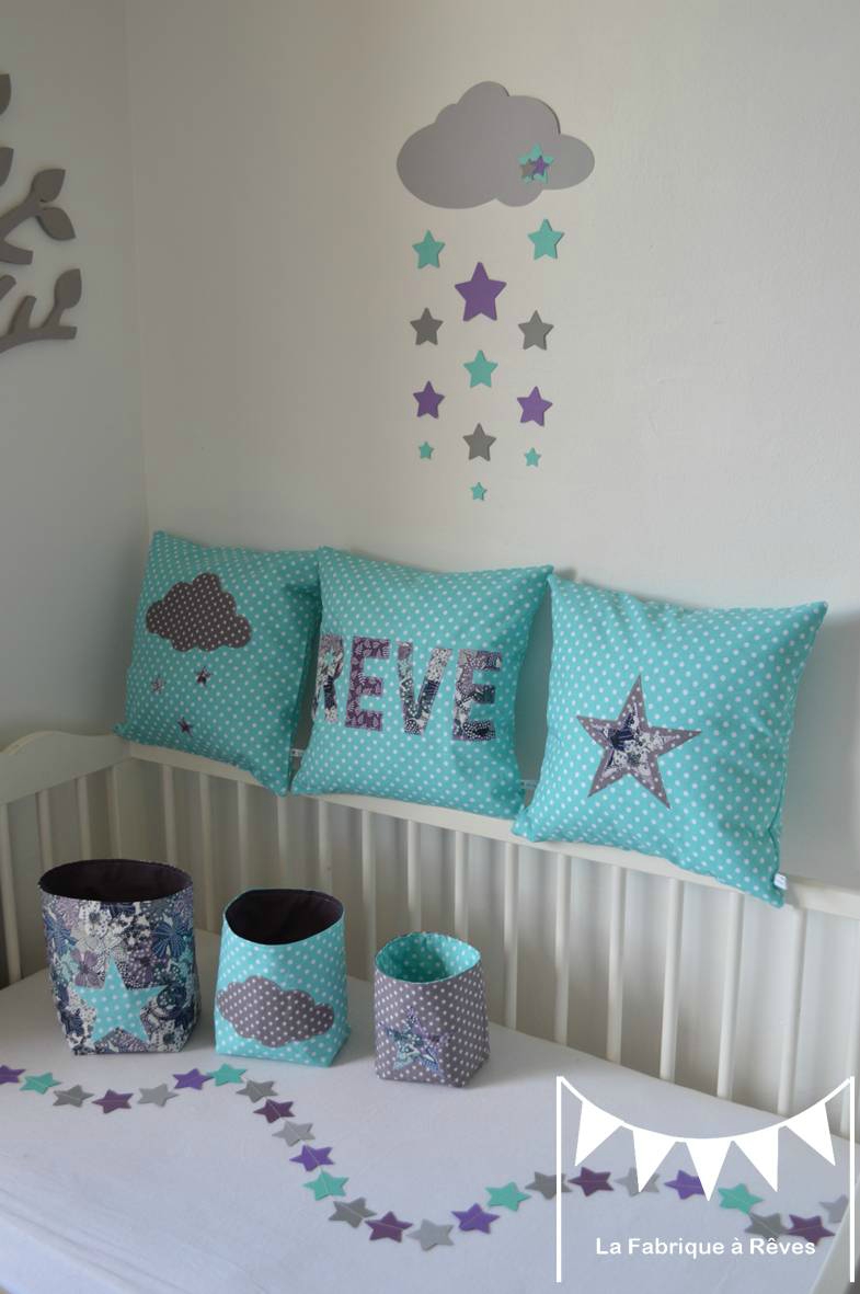 Pochons rangement réversibles et coussins turquoise gris violet ...