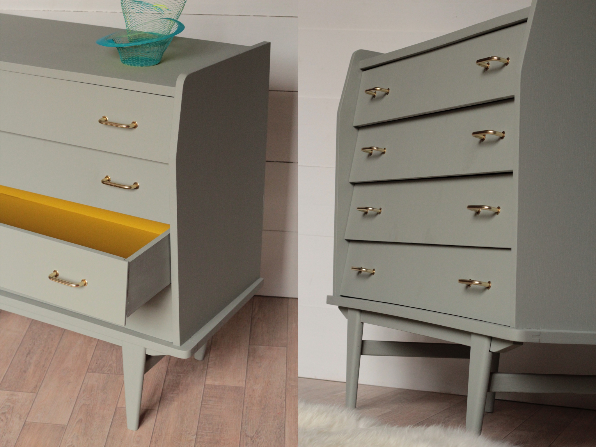 Commode vintage années 50, gris pigeon/jaune trendy little