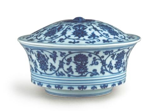 Blue and white ‘lotus and bajixiang’ bowl and cover, marks and period of Xuande, Qing court collection © Collection of the National Palace Museum, Taipei
