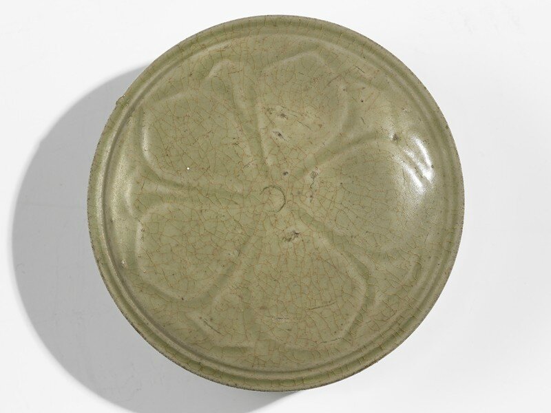 Greenware circular box and lid with flower decoration, Yue kiln-sites, 10th century, Five Dynasties Period (AD 907 - 960)