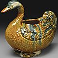 A Rare And Important Sancai And Blue-Glazed Pottery Goose-Form Vessel, Tang dynasty