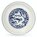 A reverse-decorated blue and white 'dragon' dish, qianlong six-character seal mark in underglaze blue and of the period