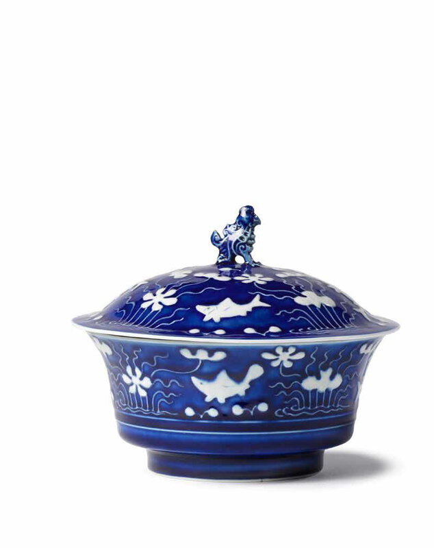 A very rare Imperial reverse-decorated blue and white bowl and cover, Yongzheng six-character marks and of the period (1723-1735)