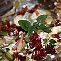 Salade de feves fraiches a l'emince de jambon de parme croustillant, chevre frais et marjolaine 