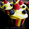 Cupcakes limoncello, framboises et myrtilles aux couleurs de la belgique (noir-jaune-rouge)