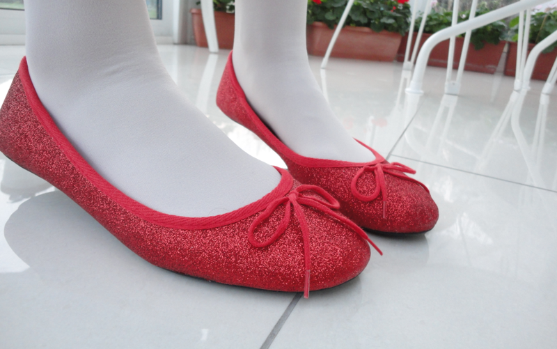 red sparkly flat shoes