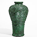 A rare spinach green jade ‘peach’ vase, meiping, qing dynasty, 18th century