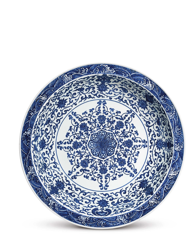 A rare large blue and white 'bajixiang' dish, Yongzheng six character mark in underglaze blue with a double circle and of the period (1723-1735)