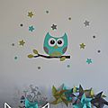 stickers décoration chambre enfant fille bébé garçon hibou étoiles anis turquoise gris 2