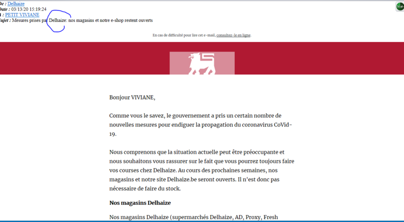 mail du magasin Delhaize