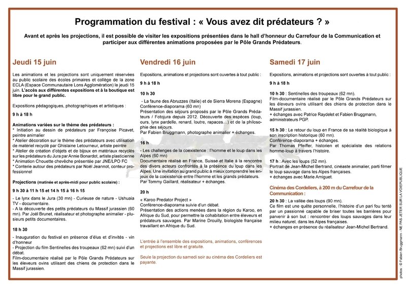 Programme Festival prédateurs Lons-le-Saunier Jura 2017