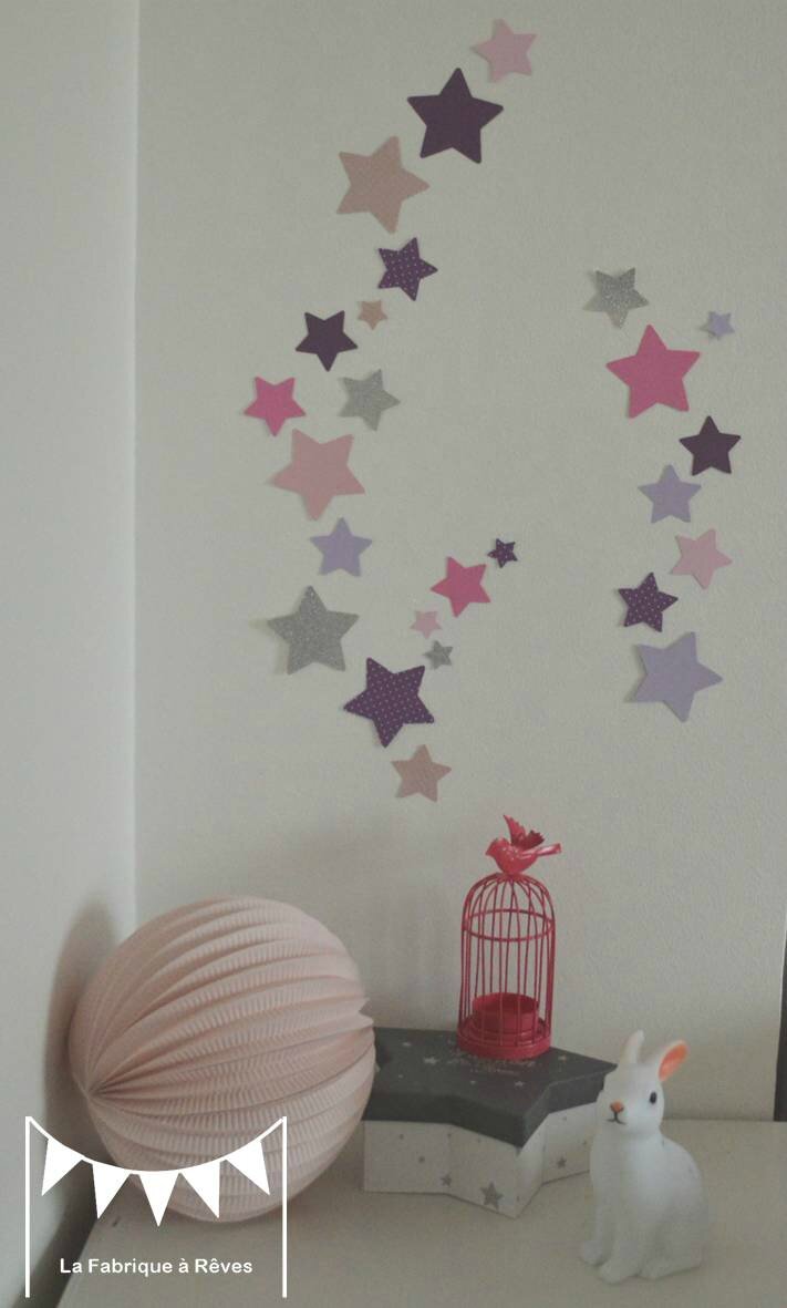 lot stickers étoiles parme violet rose argent - décoration chambre fille bébé rose parme argent