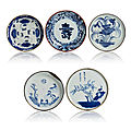 A group of five Vietnamese 19th century 'Bleu de Huê' saucers with figures and poems. Marks