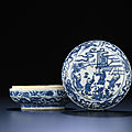 A blue and white circular box and cover, wanli six-character mark within double-circles and of the period (1573-1619)