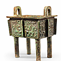 A very rare archaic bronze ritual food vessel, Fangding, Late Shang-early Western Zhou Dynasty, inscribed Zhu Fu Ding