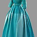 Norman hartnell, evening dress of turquoise ribbed silk and lace w bolero and belt