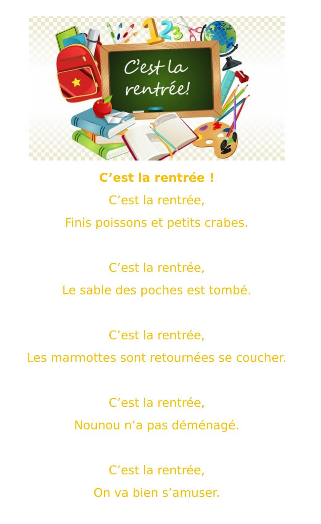 Comptine Rentrée Des Classes Maternelle Comptines rentrée des classes - Assistante Maternelle Argenteuil - Orgemont