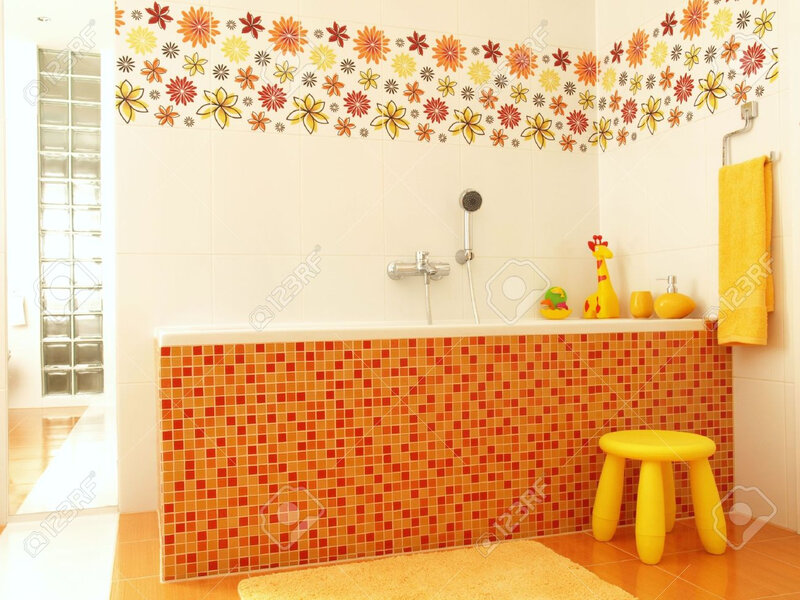 13058261-Bathroom-for-children-with-orange-mosaic-Stock-Photo