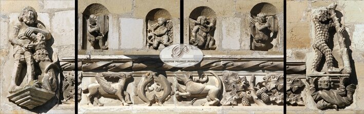 BEAULIEU_SUR_DORDOGNE_maison_Renaissance_musee_details_de_la_facade_dauphins_cerf_aille_dauphins_affrontes_chien_et_pampre_de_vigne