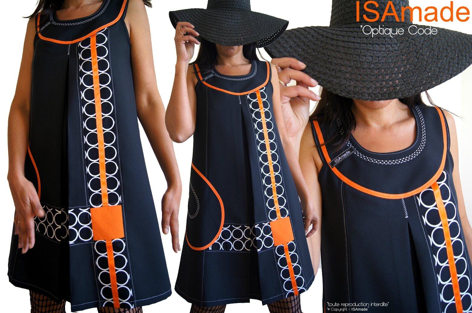 MOD 379A Robe Trapèze Créateur Noir Orange Graphique Couture