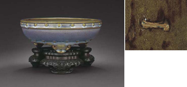 A very rare large 'numbered' Junyao tripod narcissus bowl, Northern Song dynasty (960-1127)