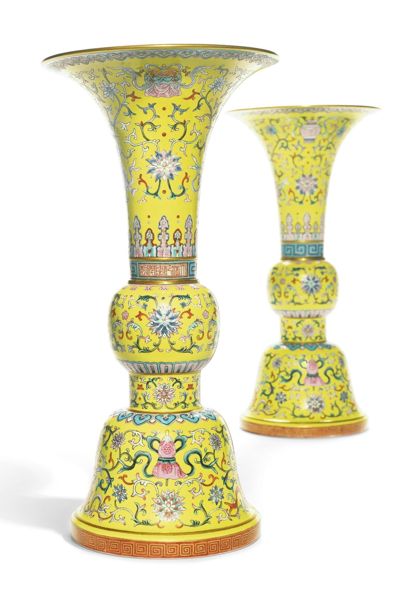 A Pair Of Large Famille Rose Yellow Ground Bajixiang Altar Vases