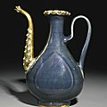A rare chinese monochrome blue porcelain ewer with ottoman gem-set tombak mounts, ming dynasty, late 16th century, and turkey, 1