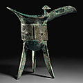 A bronze ritual tripod wine vessel, jue, late shang dynasty, 12th-11th century bc