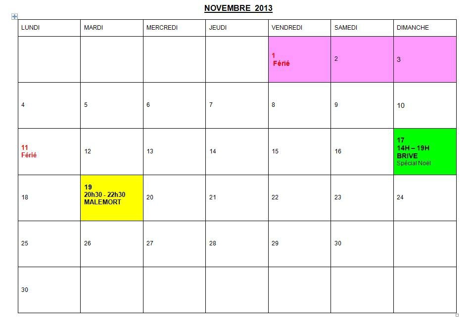  CALENDRIER  NOVEMBRE  2013 SCRAP ATELIERS Brive