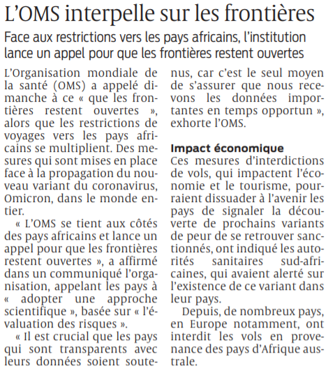 2021 11 29 SO l'OMS interpelle sur les frontières