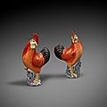 Pair of famille rose roosters. china, qing dynasty, qianlong period (1736-1795)