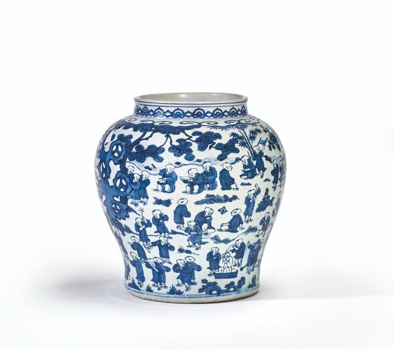 A rare blue and white 'boys' jar, guan, Ming dynasty, Wanli six-character mark in underglaze blue in double circles and of the period (1573-1619)