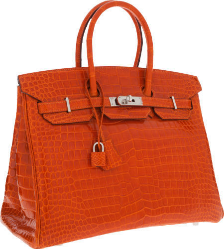 Hermes 35cm Shiny Orange H Porosus Crocodile Birkin Bag with