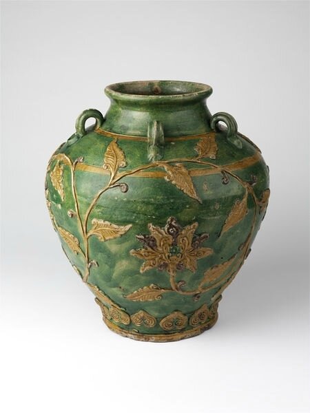 Jar, lead-glazed earthenware with applied decoration of flowers, China, Ming dynasty, ca