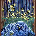 Oisillon chouette lapone forêt Amérique du Nord - Peinture animaux sauvages oiseaux - Peinture sur bois d'après photo Terre Sauvage - Young bird owl Lapp