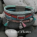 Joli bracelet large artisanal pour femme, fait main en cuir bleu et argenté, cuir liège rose, cuir caviar rose, daim à strass 