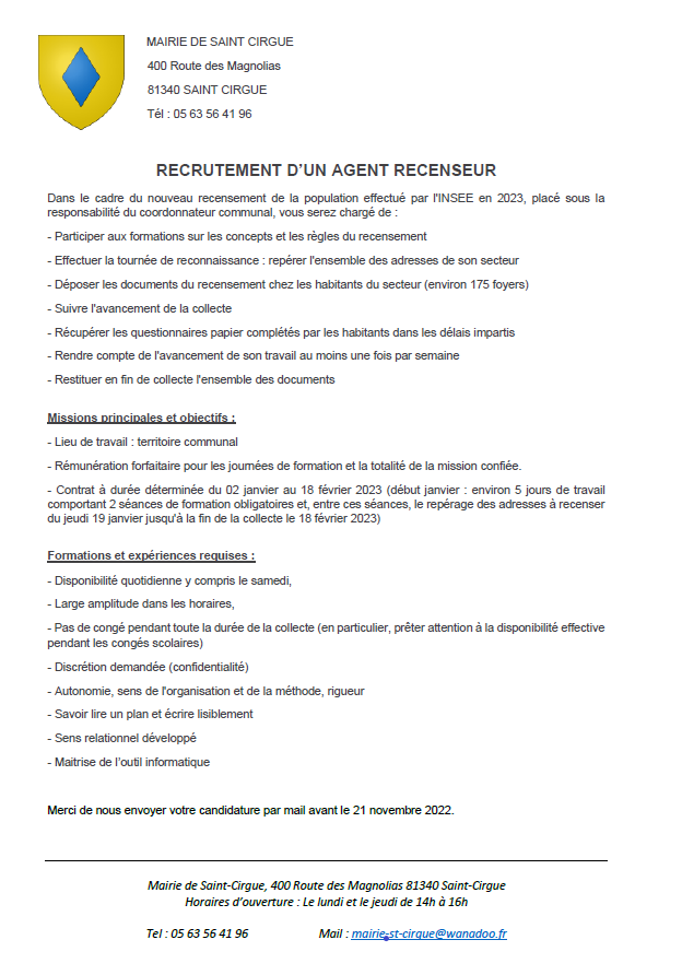 Recrutement d'un agent recenseur SaintCirgue Tarn