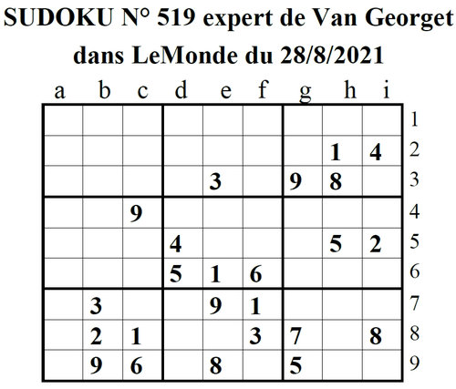 solution détaillée sudoku N° 519 « Expert » de Van Georget dans