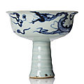A blue and white ‘dragon’ porcelain stem cup, yuan dynasty, 14th century