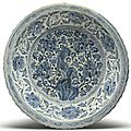 A large barbed-rim blue and white 'peony' dish, ming dynasty, 15th-16th century 