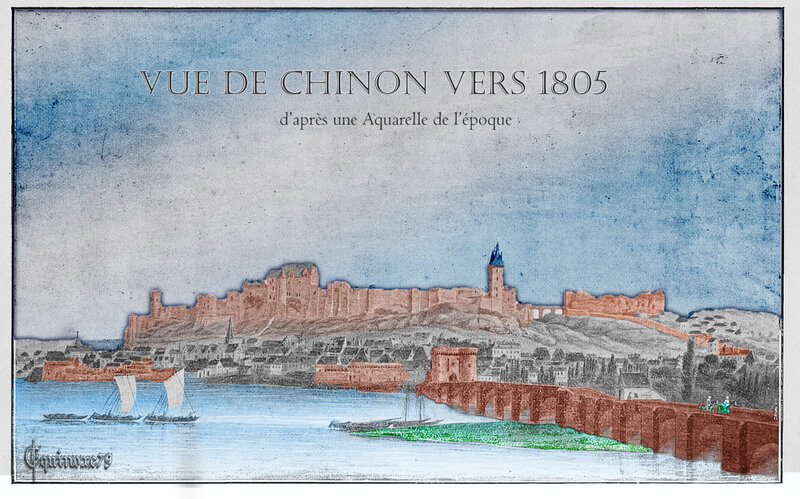vue de Chinon et du Château vers 1805 d'après une aquarelle de l'époque