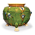 An unusual blue and sancai-glazed pottery tripod censer, Tang dynasty (AD 618-907)