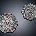 Two miniature silver-decorated bronze hexagonal mirrors, Tang dynasty (618-907)
